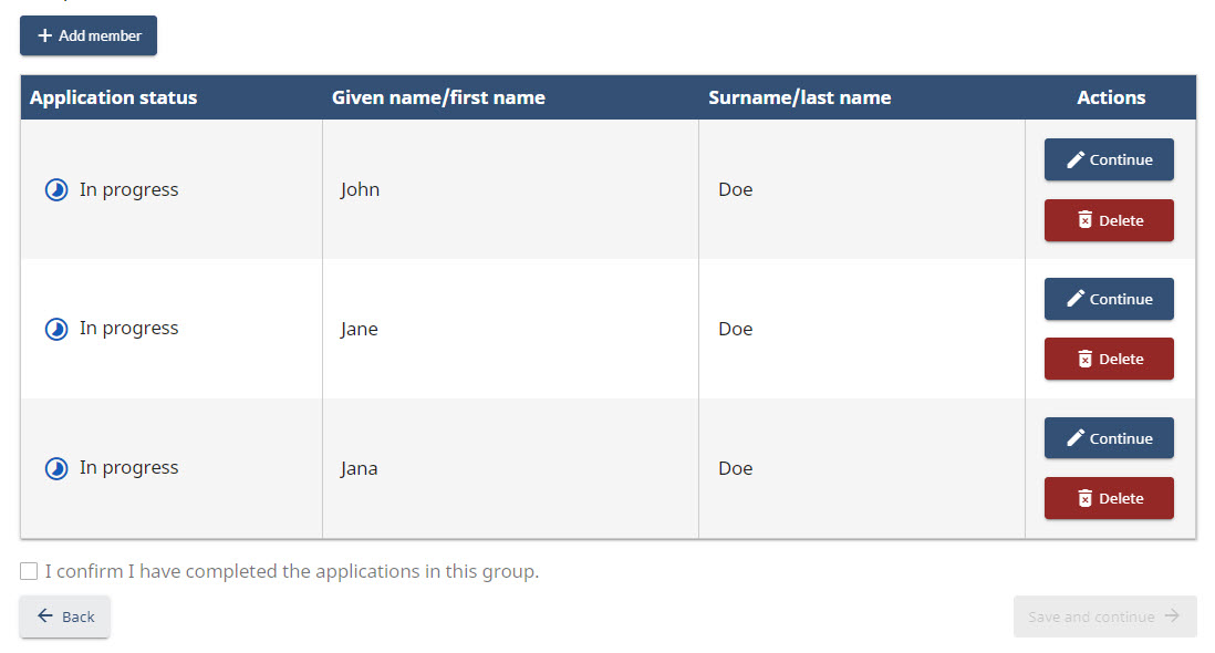 Screenshot of the Manage group page after family members have been added to the application