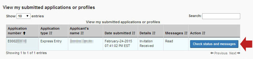 Image of “View my submitted applications or profiles” table as described above