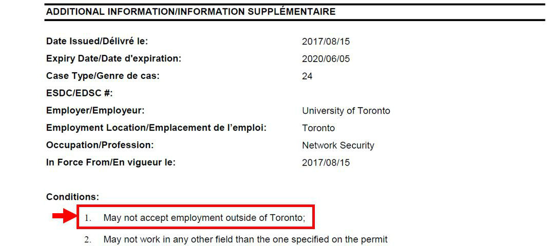 Sample work permit with employment location indicated with a red arrow and box