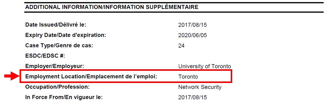 Sample work permit with employment location under “Additional information” indicated with red arrow and box