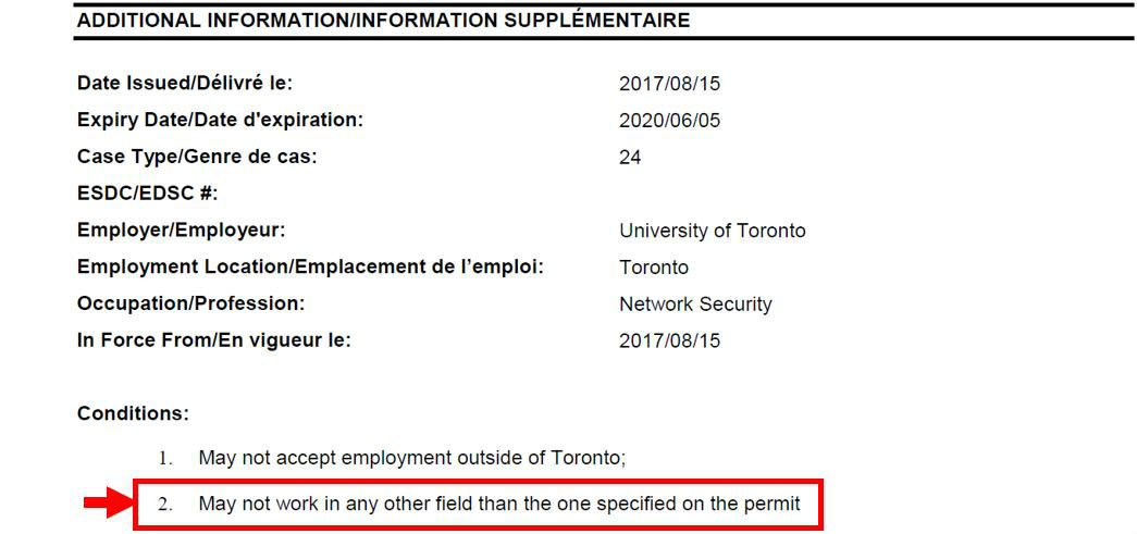 Sample work permit with occupation indicated with a red arrow and box.
