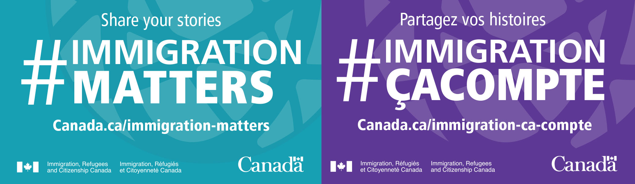 Example of business card design. One side is in English: “Share your stories #ImmigrationMatters” with a link to Canada.ca/immigration-matters. The other side is in French: “Partagez vos histoires #ImmigrationÇaCompte” with a link to Canada.ca/immigration-ça-compte.
